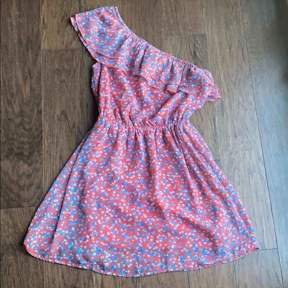 One shoulder coral / peach and blue dress